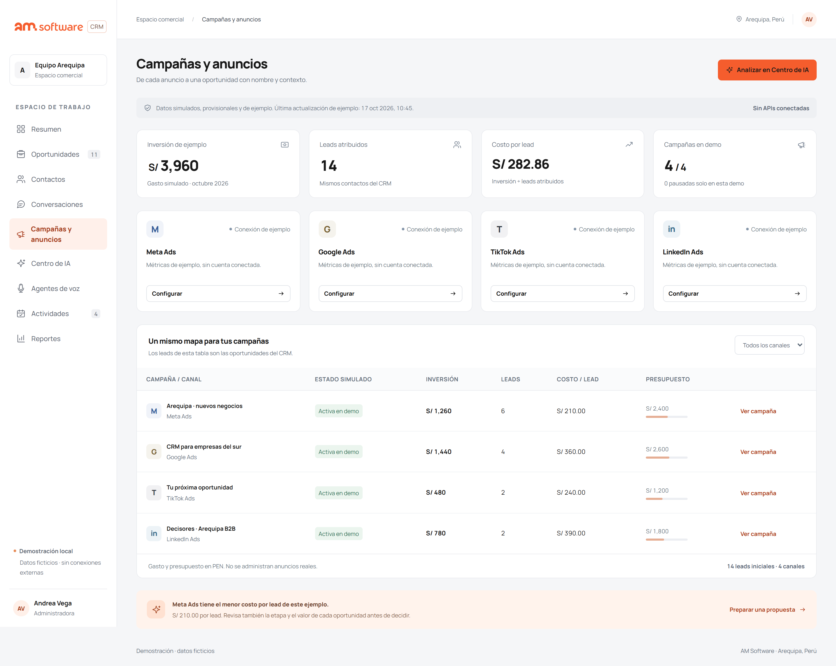 Captura real de la demo CRM AM Software con campañas Meta Ads, TikTok Ads, Google Ads y LinkedIn Ads