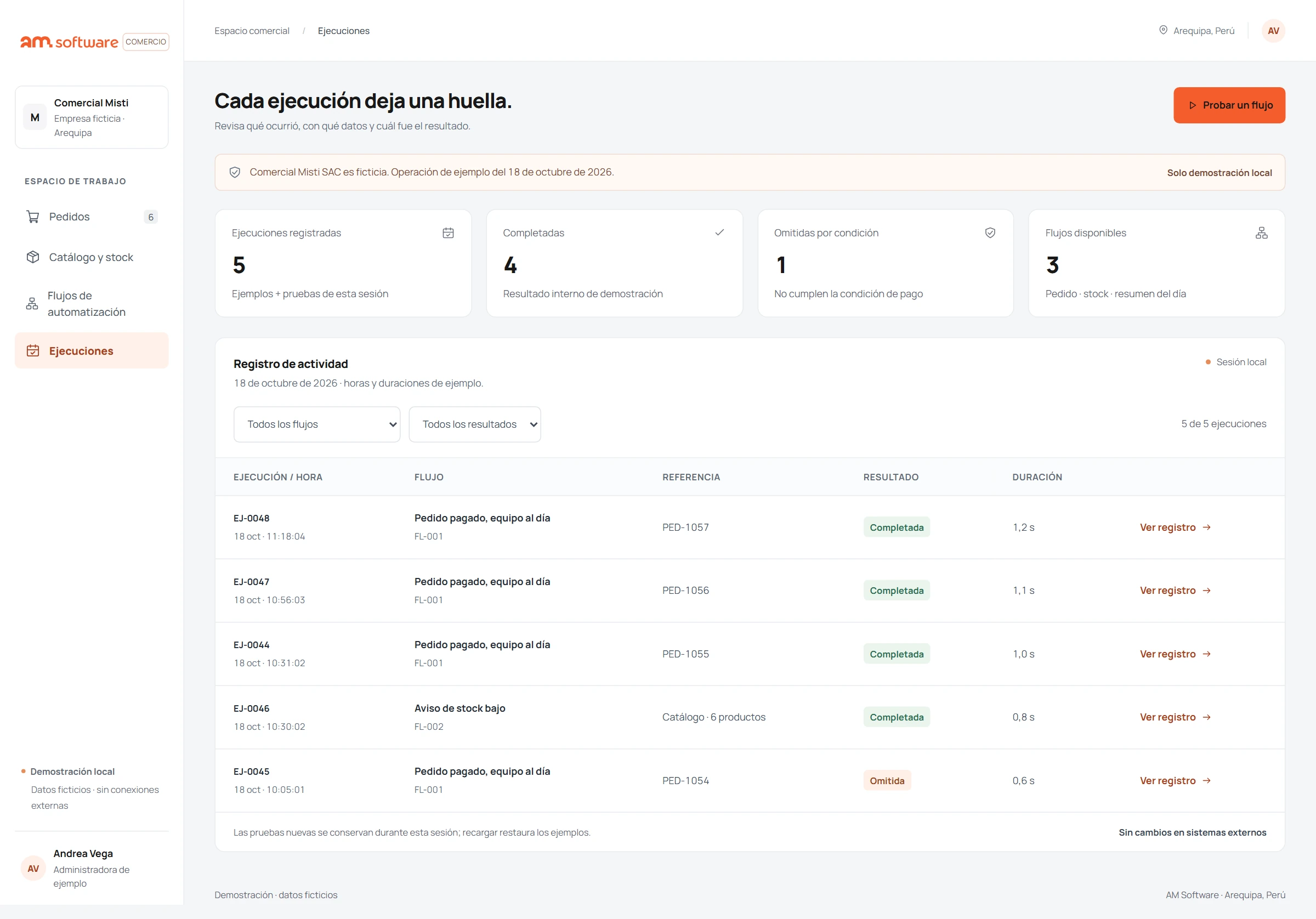Demostración del historial de ejecuciones con datos ficticios.