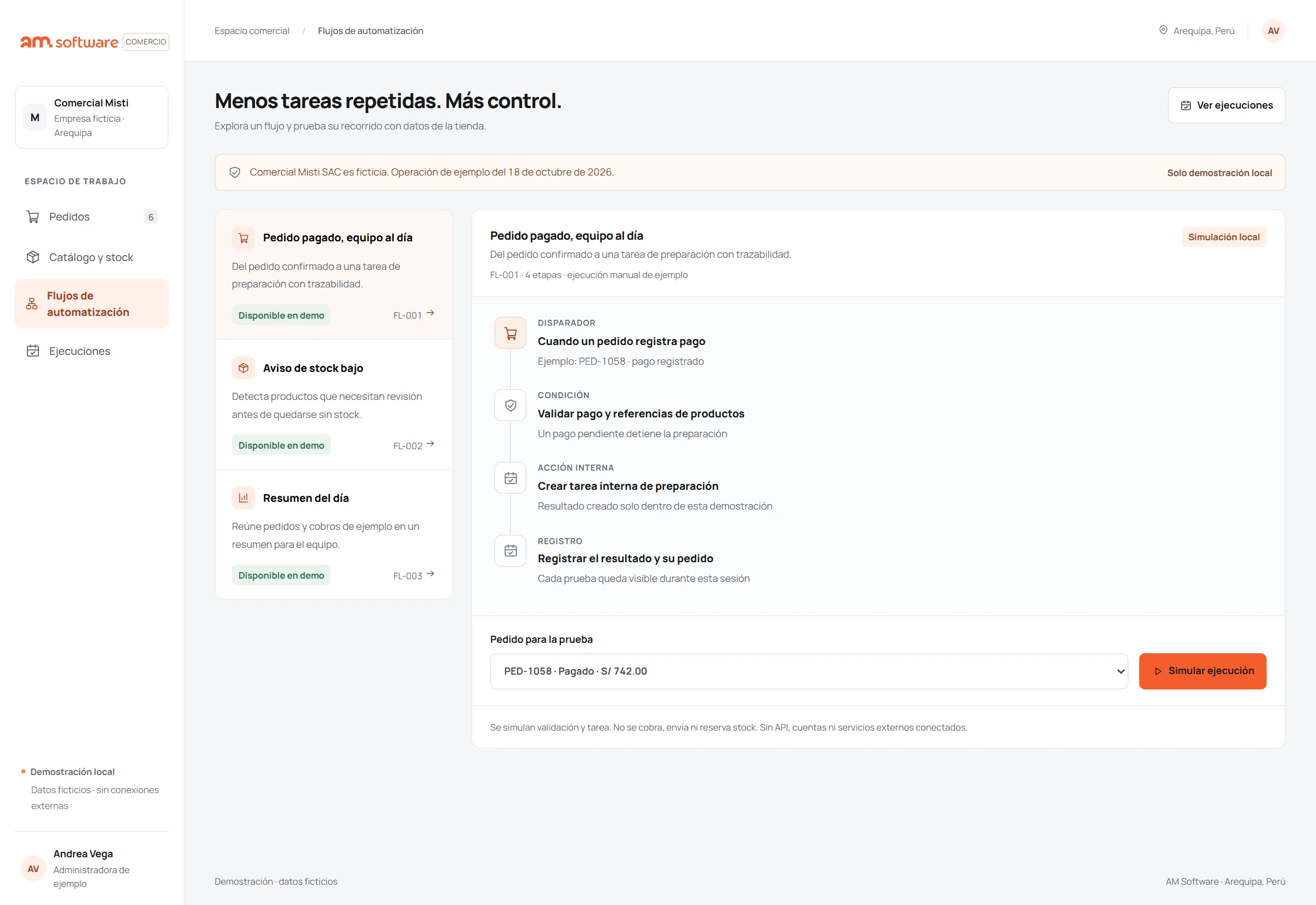 Demostración de flujo y aprobaciones con datos ficticios.