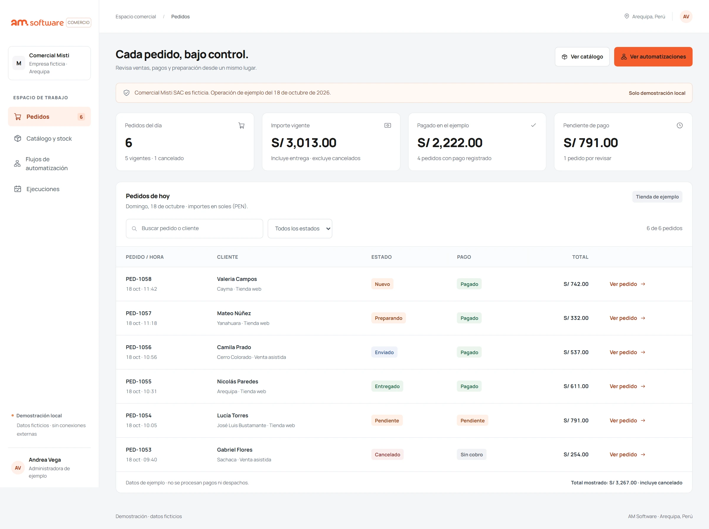 Demostración de ecommerce empresarial con catálogo, stock y seguimiento de un pedido; datos de ejemplo.