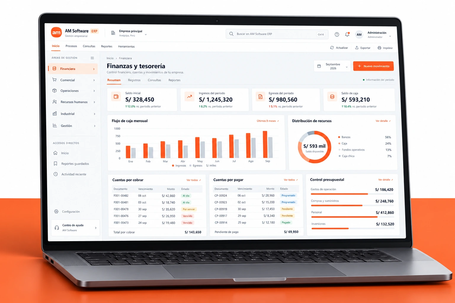 Laptop con interfaz del ERP a medida de AM Software: finanzas, ventas e inventarios