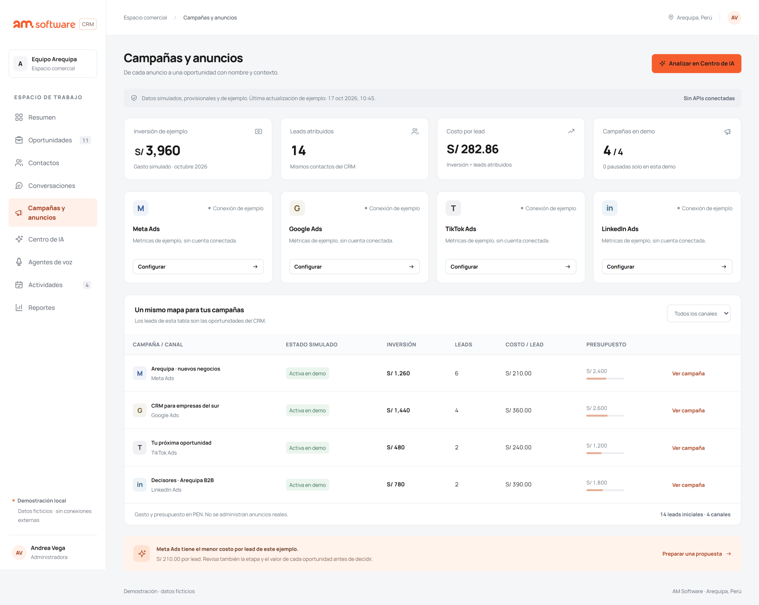 Interfaz de la demo CRM de AM Software: campañas, leads y oportunidades con datos de ejemplo